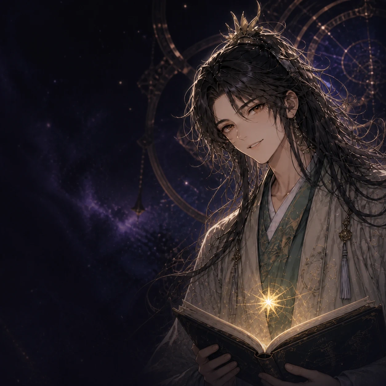 启手持发光书卷站在星象仪旁的形象