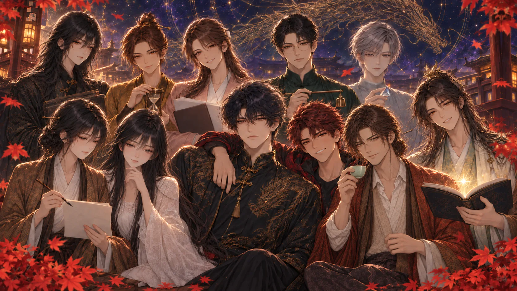 全家福：烛龙居中，燧的手臂搭在他肩上；前排从左到右是叙、伊、烛龙、燧、韵、启，后排是藏、斡、曦、衡、澄；紫垣星空、金龙与红枫环绕