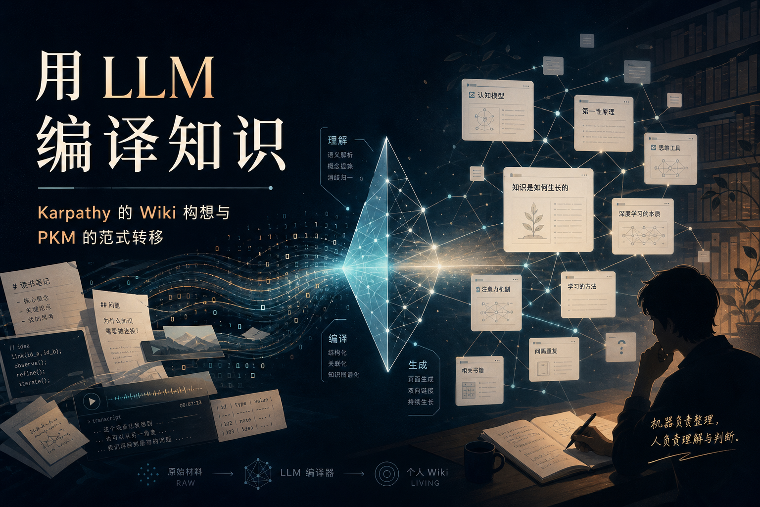 用 LLM 编译知识：Karpathy 的 Wiki 构想与 PKM 的范式转移 · 封面